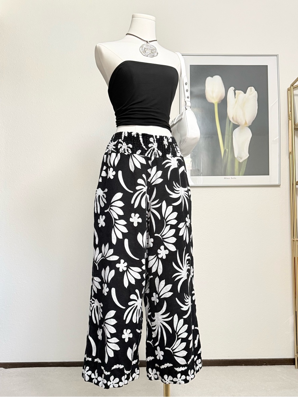 Tahari Linen Blend Tropical Floral Print Wide Leg Cropped Pants Retro Boho